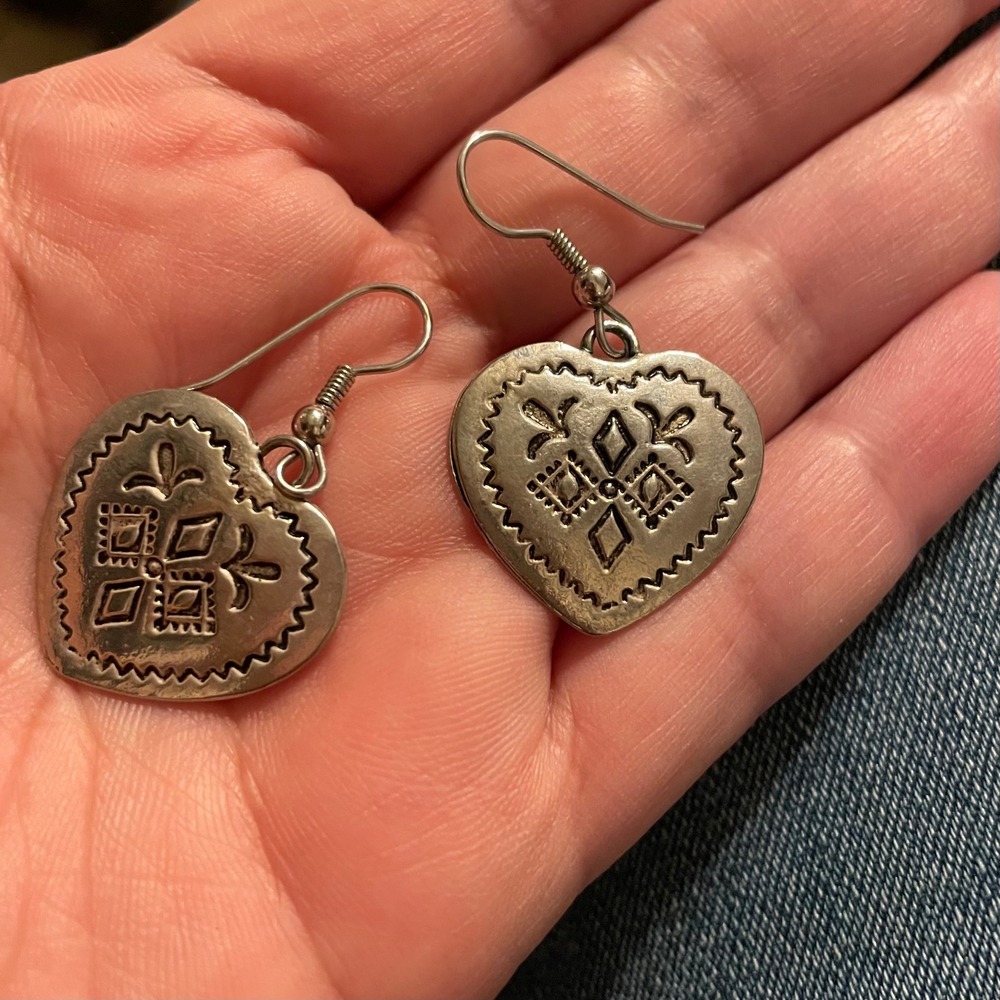 Silver Tone Heart Shaped Southwestern Turkish Frida Style Dangle‎ Earrings Women